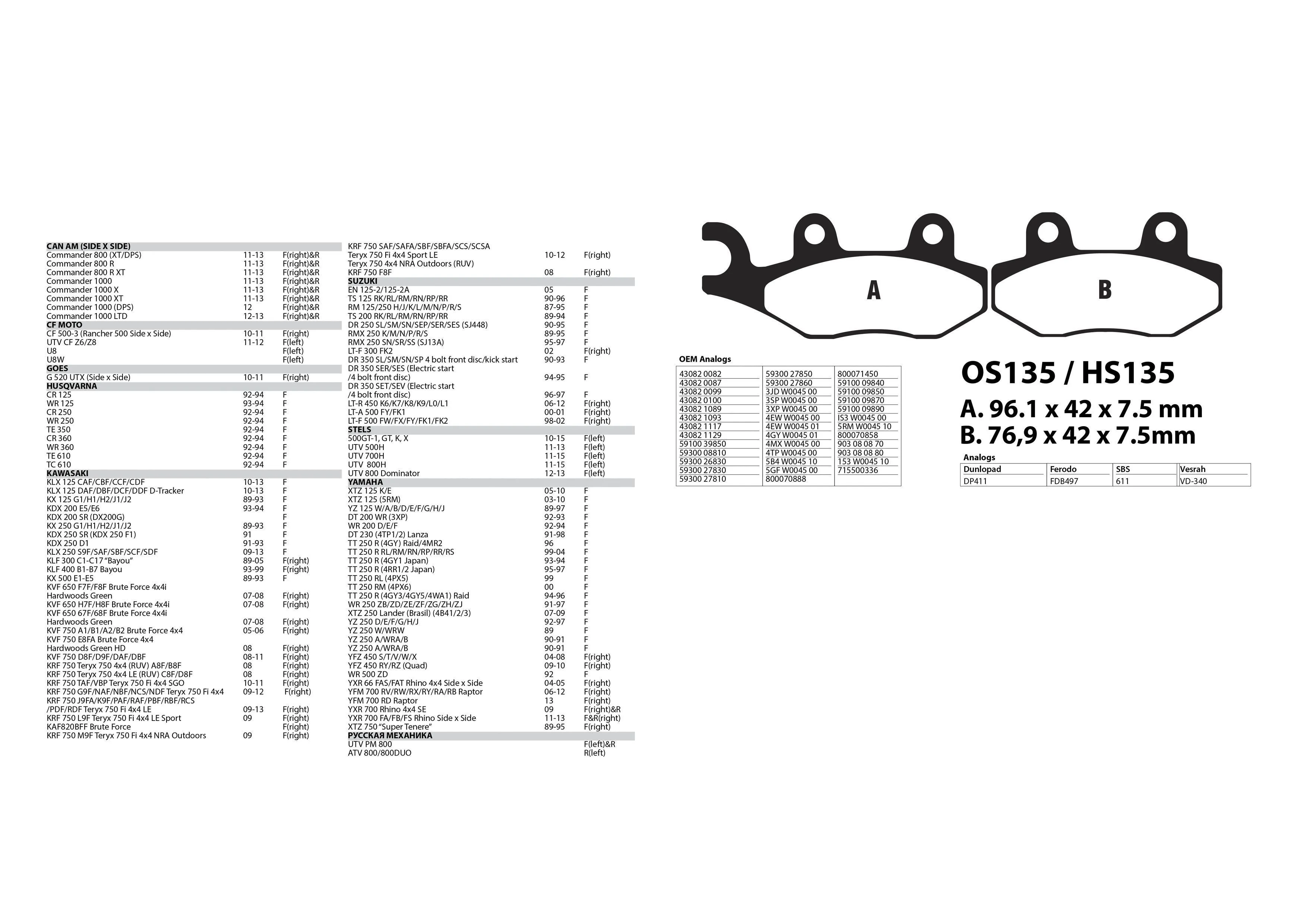 Тормозные колодки RM, BRP, , YAMAHA, KAWASAKI, SUZUKI, STELS