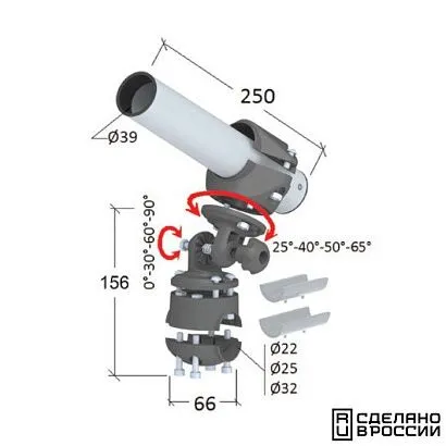 Держатель спиннинга сквозной на леер наклонный, алюминий